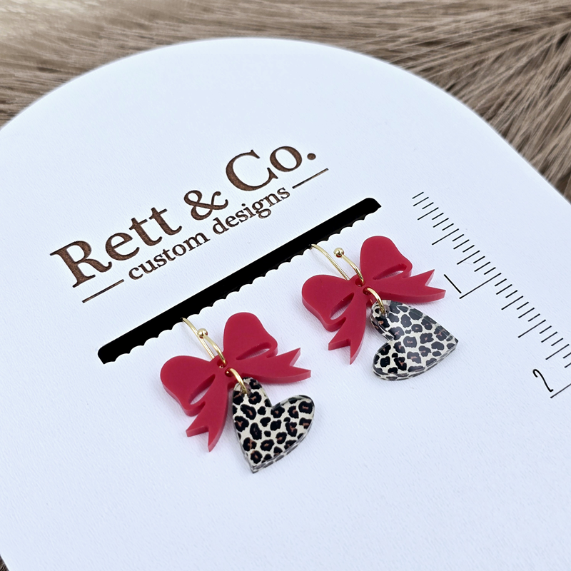 Red Bow & Leopard Heart Drop Earrings