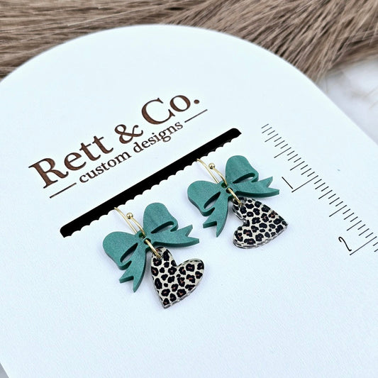 Green Bow & Leopard Heart Drop Earrings