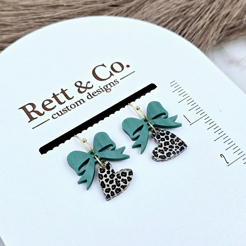 Green Bow & Leopard Heart Drop Earrings