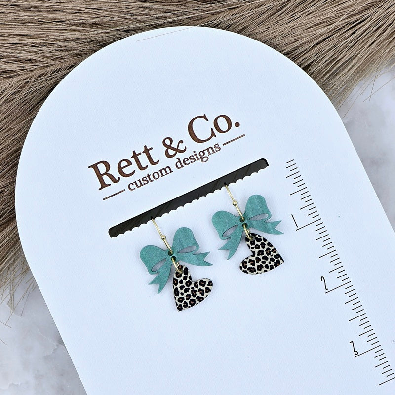Green Bow & Leopard Heart Drop Earrings